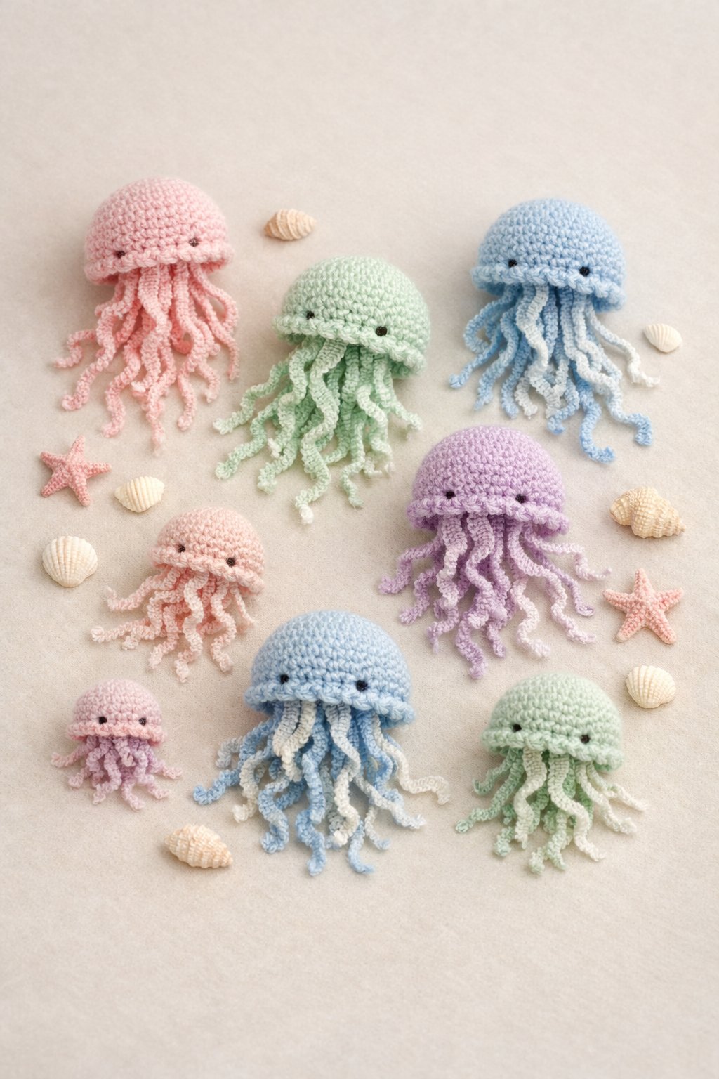 A group of small crochet jellyfish in pastel colors arranged on a soft background with tiny crochet seashells and starfish nearby.