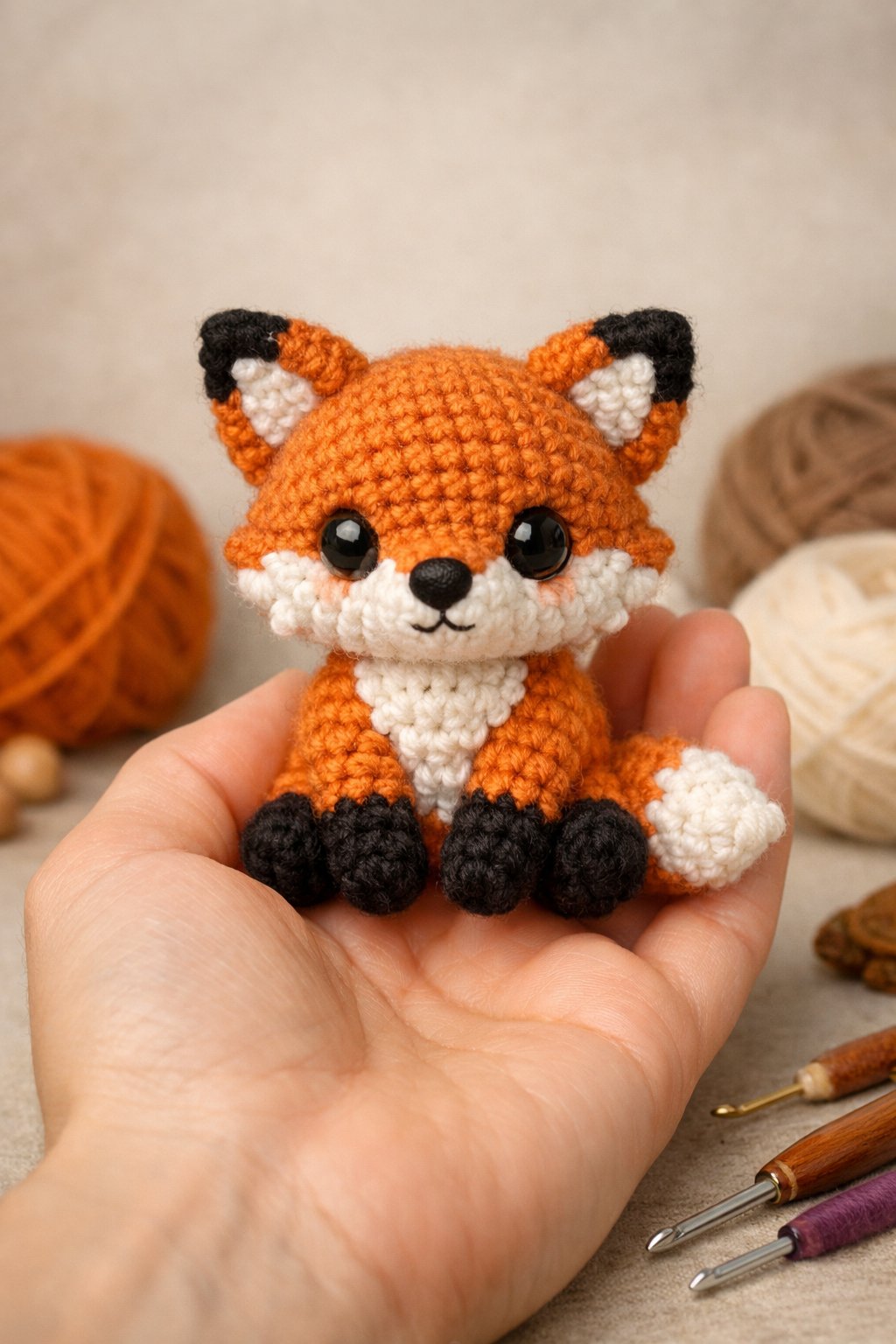 A small handmade crochet fox sitting among yarn and crochet hooks.
