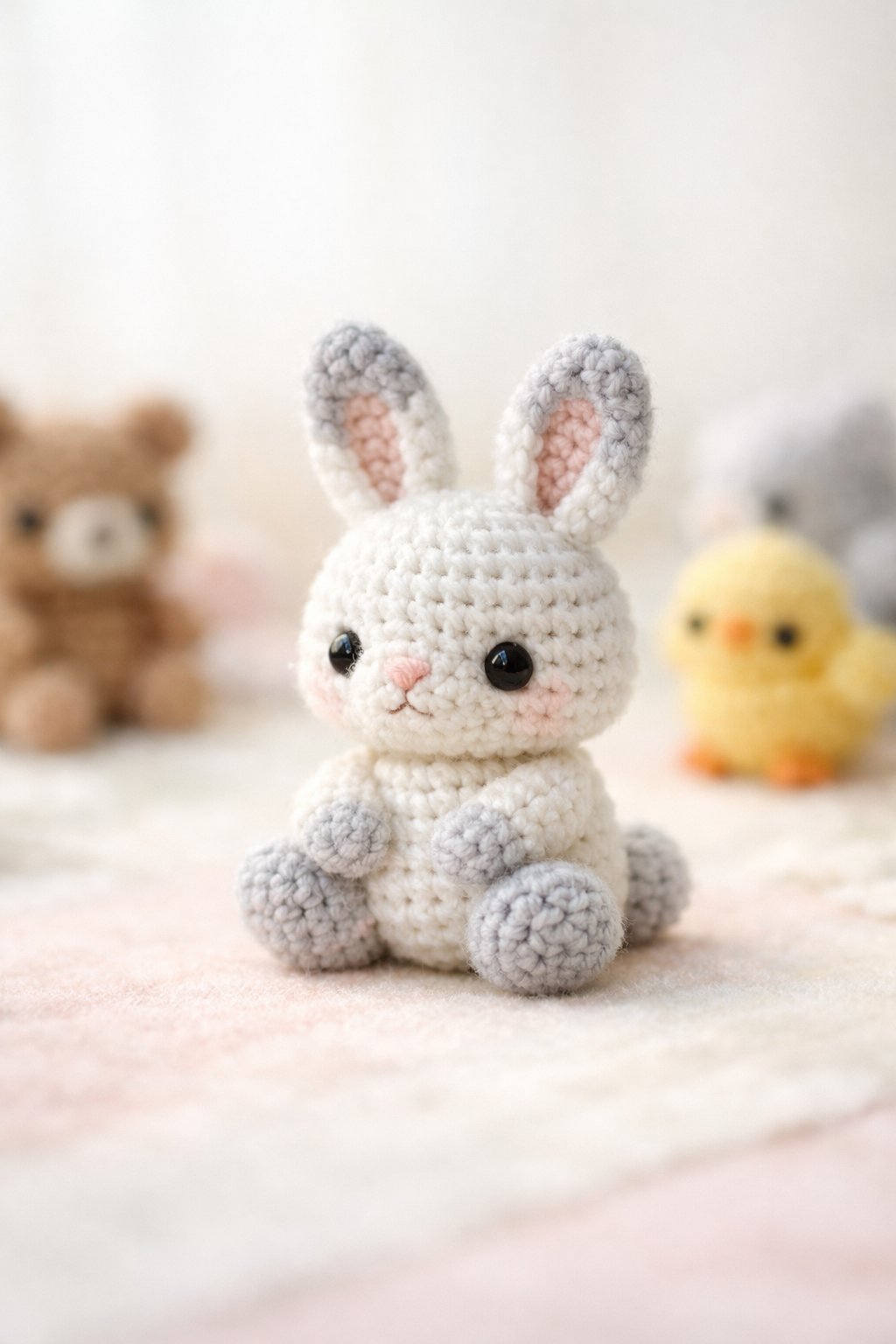 A small crochet bunny sitting on a soft surface with other miniature crochet animals blurred in the background.