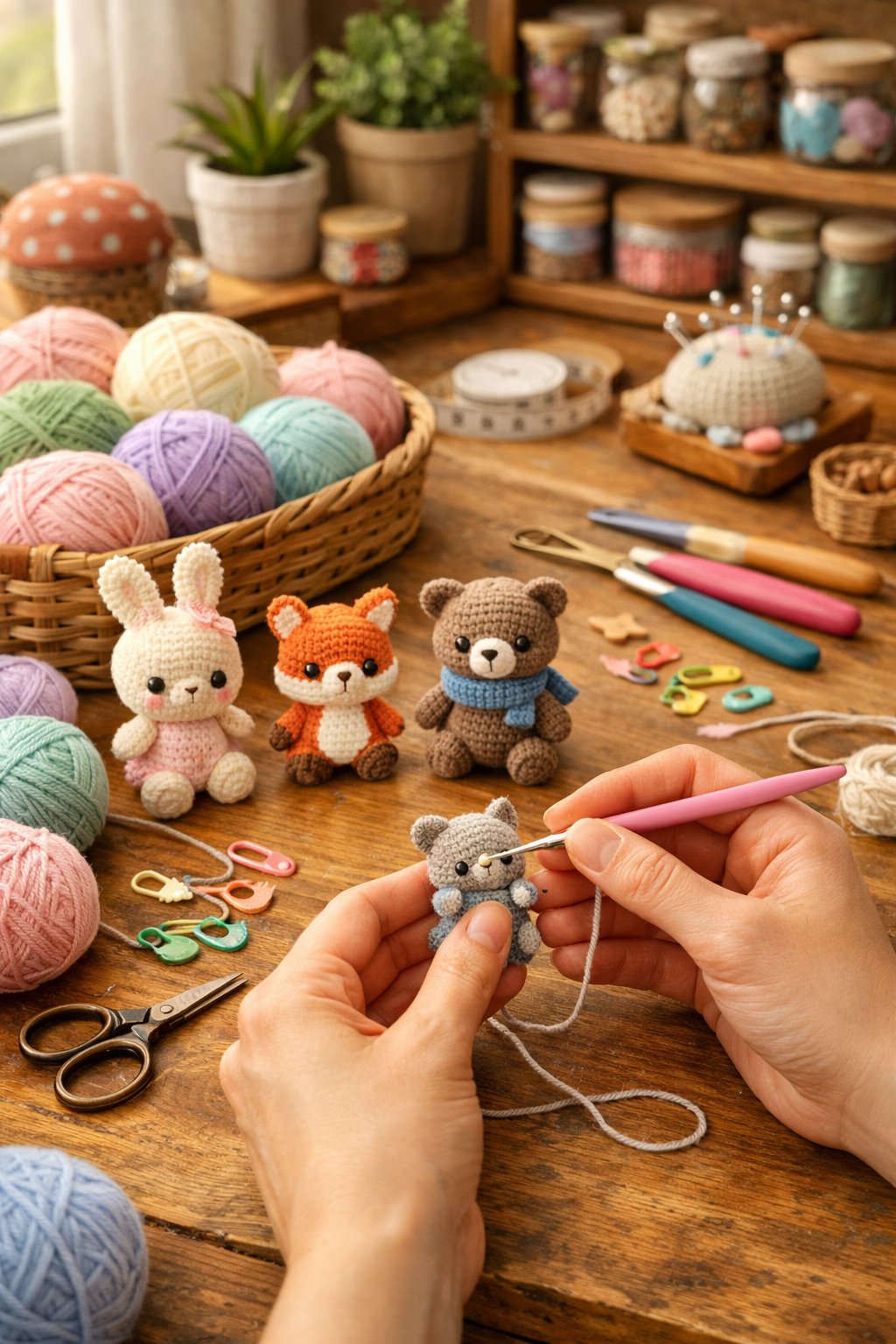 A crafting workspace with hands crocheting miniature animals surrounded by yarn, crochet hooks, and tiny finished animal figures on a wooden table.