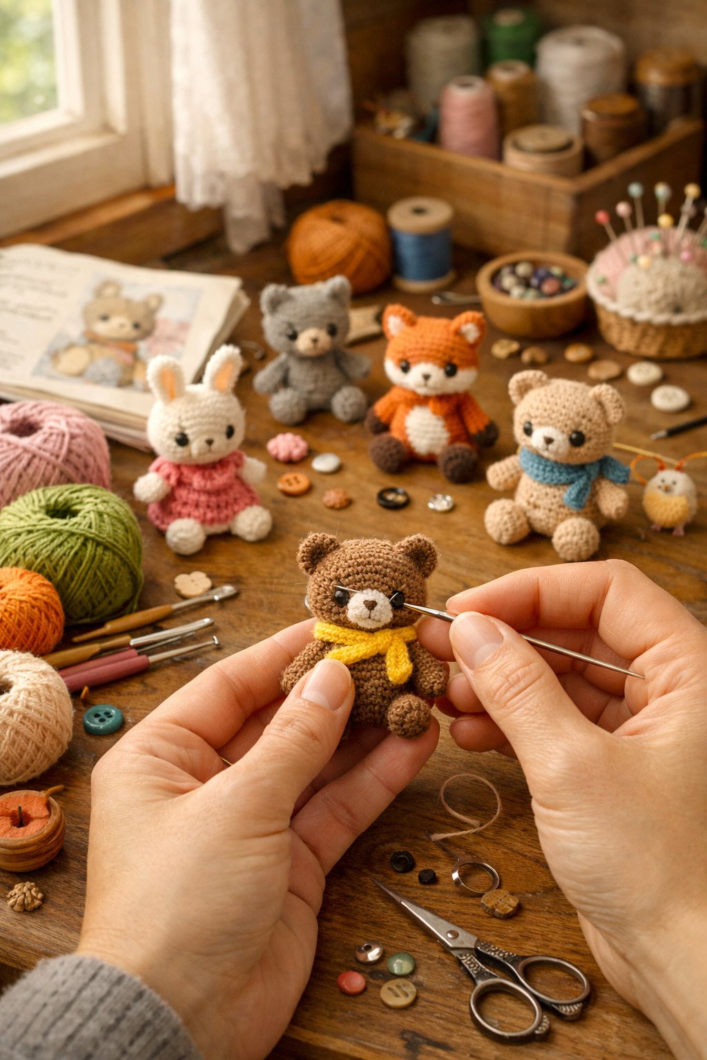 A crafting table with hands working on small crocheted animal figures surrounded by yarn, crochet tools, and sewing supplies.