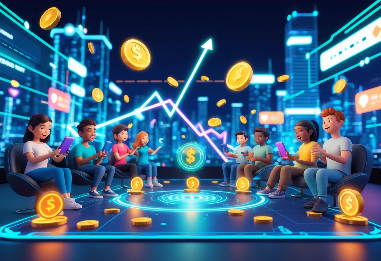 Suasana permainan online dengan karakter yang merayakan kemenangan dan grafik naik, dikelilingi oleh ikon permainan dan kota digital futuristik.