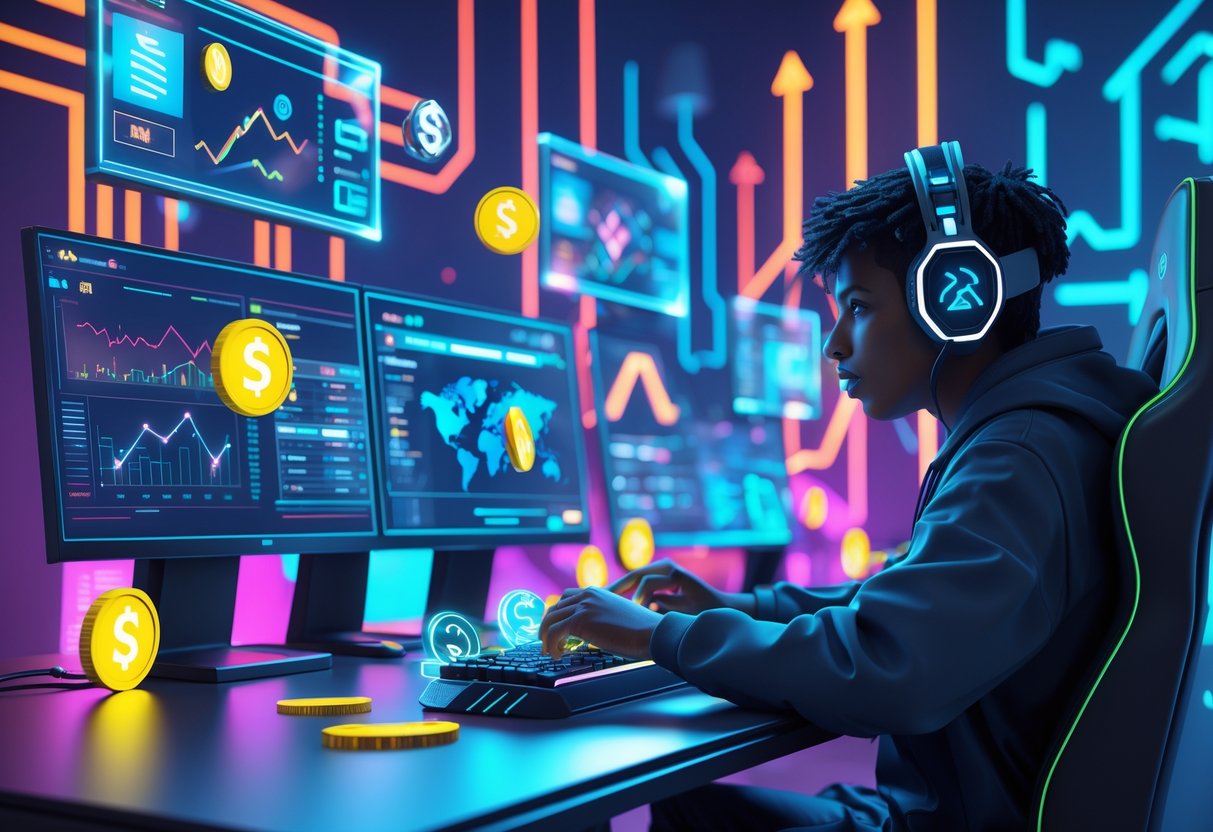 Seorang pemain game muda duduk di depan meja dengan beberapa layar holografik yang menampilkan grafik dan simbol mata uang, fokus bermain game online untuk mendapatkan uang.