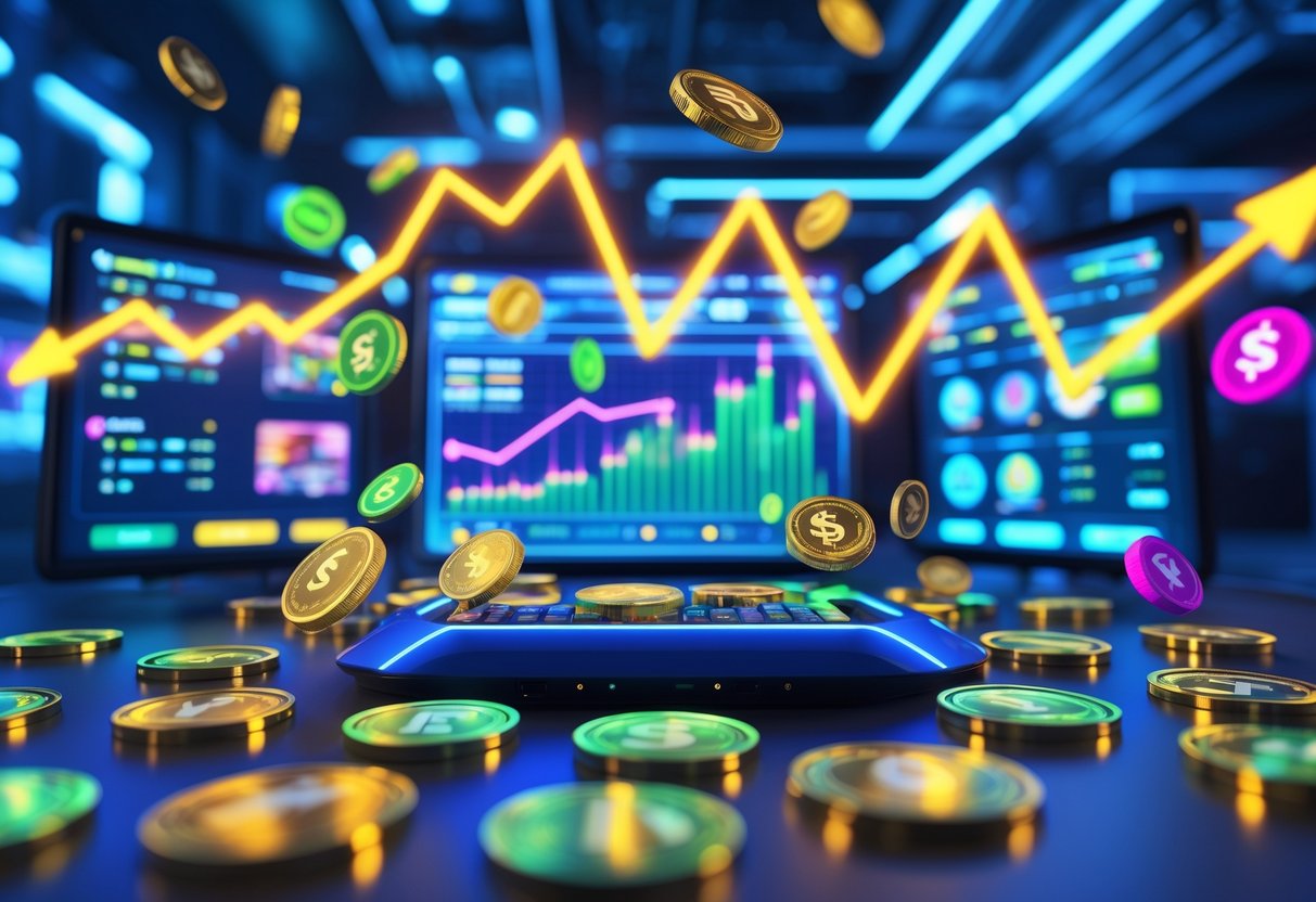 Suasana ruangan modern dengan perangkat gaming dan grafik naik yang melambangkan peluang cuan setiap hari dari permainan online.