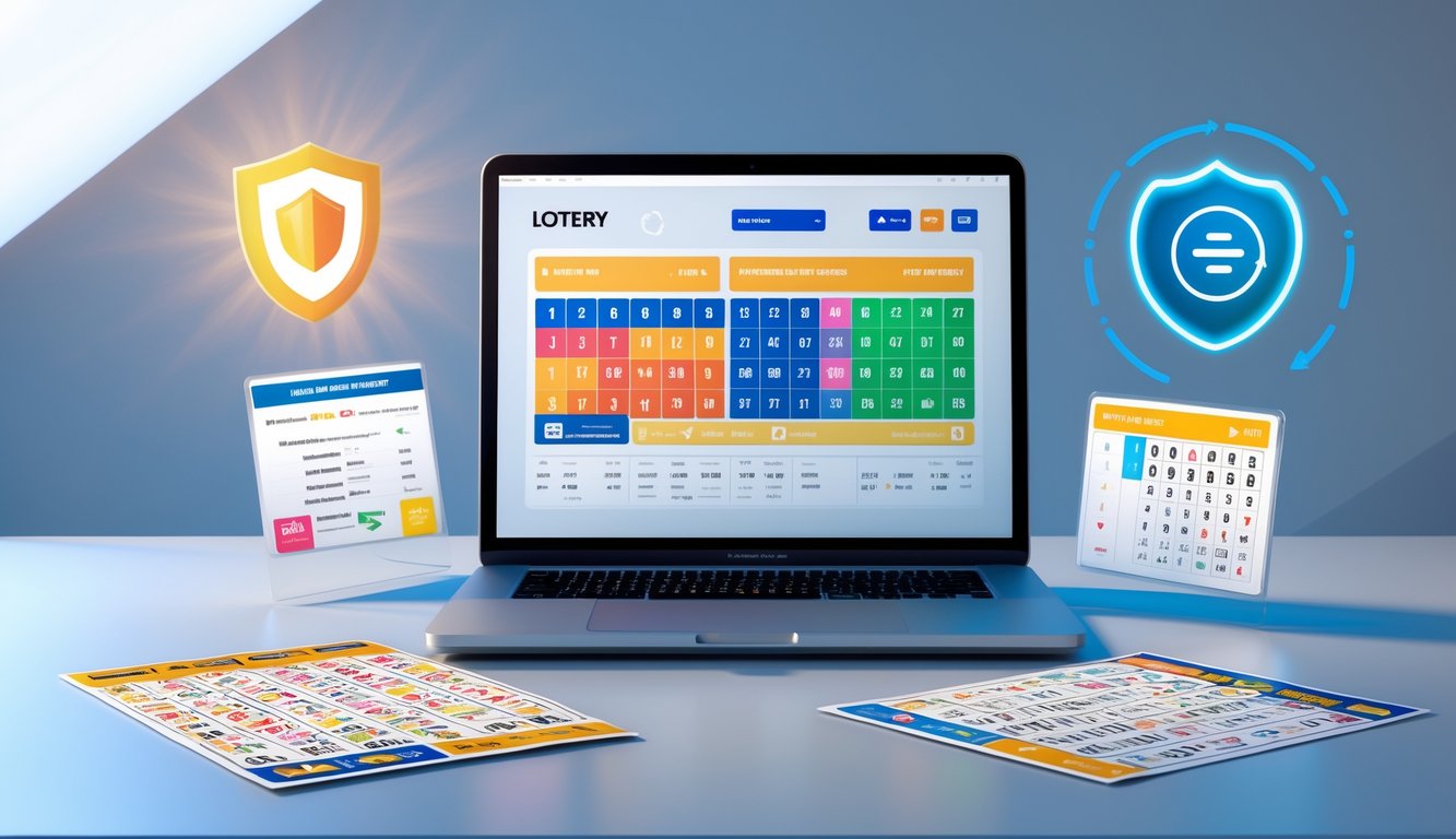 Seorang pengguna sedang melihat situs togel online di laptop dengan simbol keamanan dan pembayaran cepat di sekitar meja kerja.