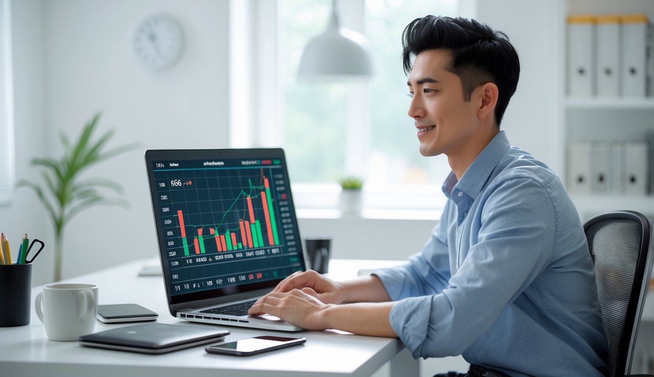 Seorang dewasa muda duduk di meja kerja dengan laptop di ruang kerja rumah yang terang dan rapi.