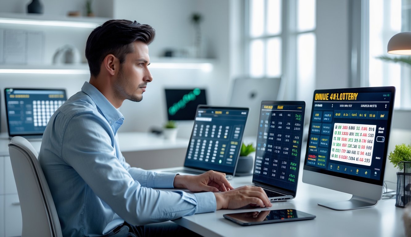 Seorang pria muda fokus menggunakan laptop dan ponsel untuk bermain togel online di ruang kerja modern.