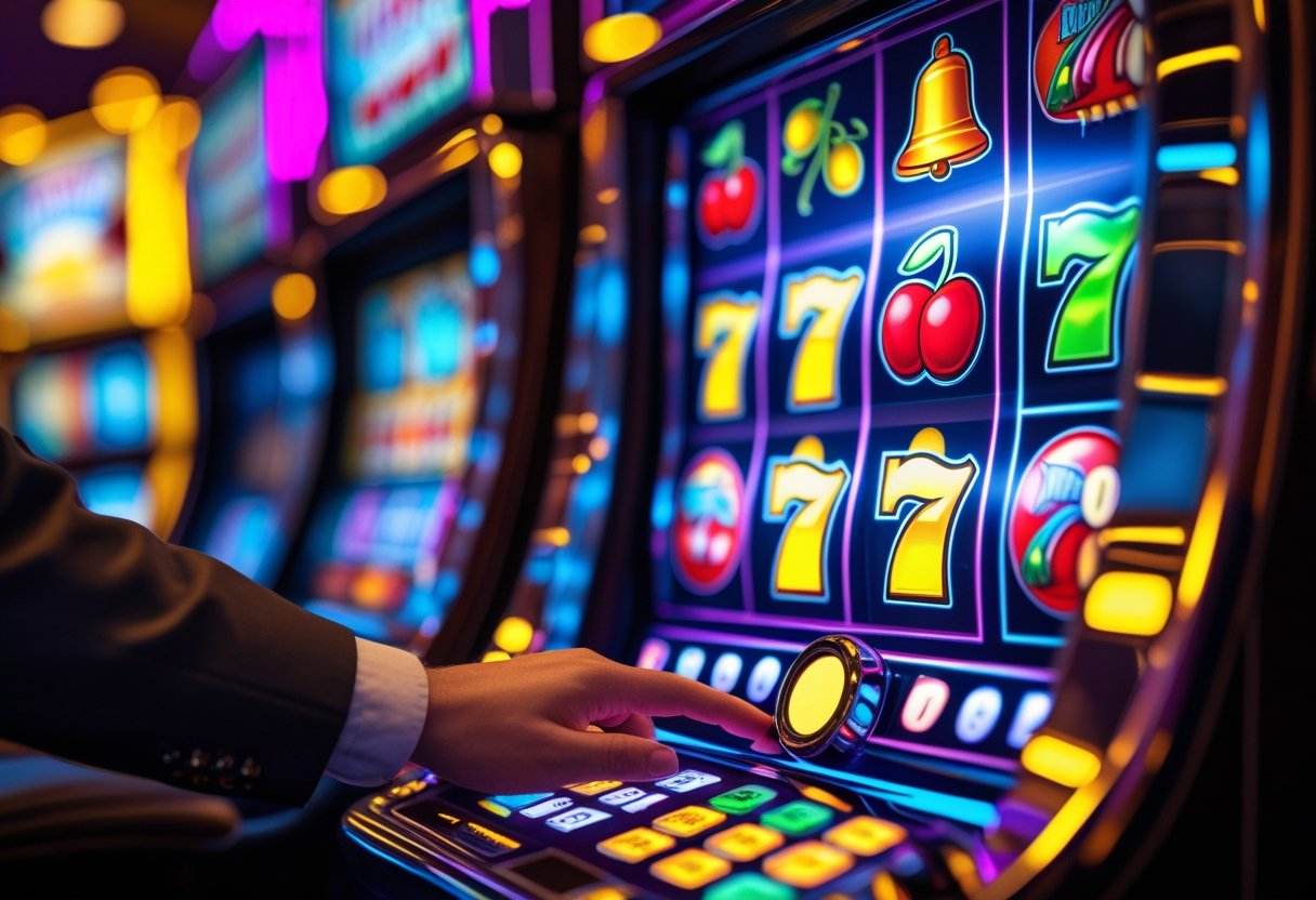 Person playing a slot machine with colorful reels in a casino setting.