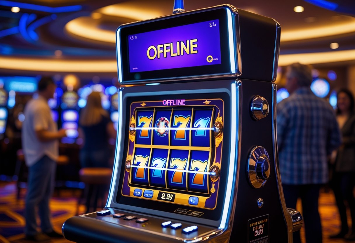 A digital slot machine in a casino setting with people in the background, showing the machine offline.