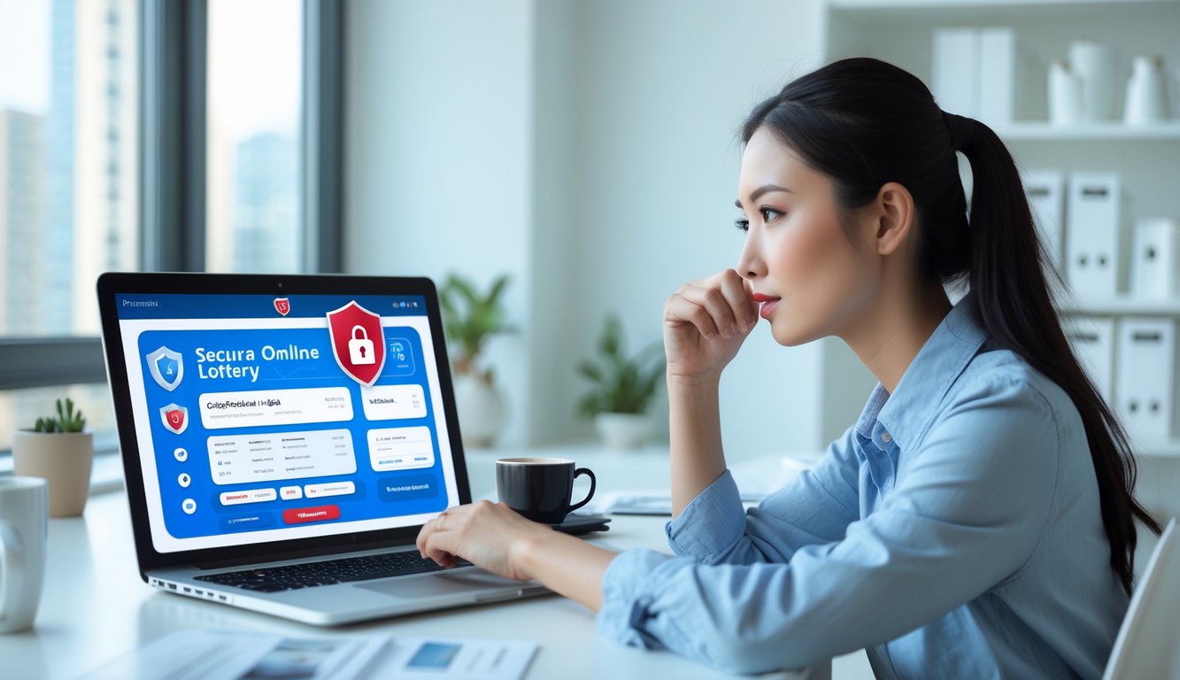 Seorang wanita muda duduk di meja kantor dengan laptop, terlihat fokus dan serius saat menggunakan situs togel online yang aman.