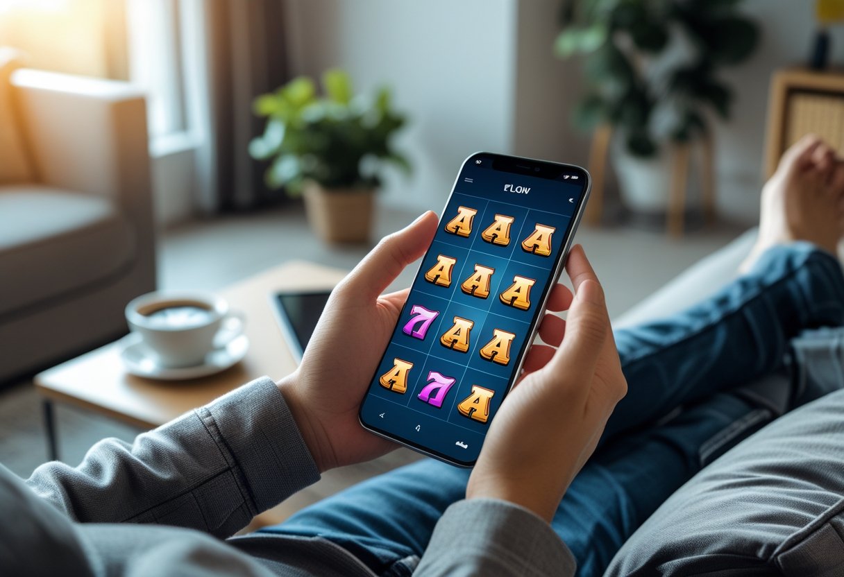Person playing slot games on a smartphone while sitting on a couch in a cozy living room.