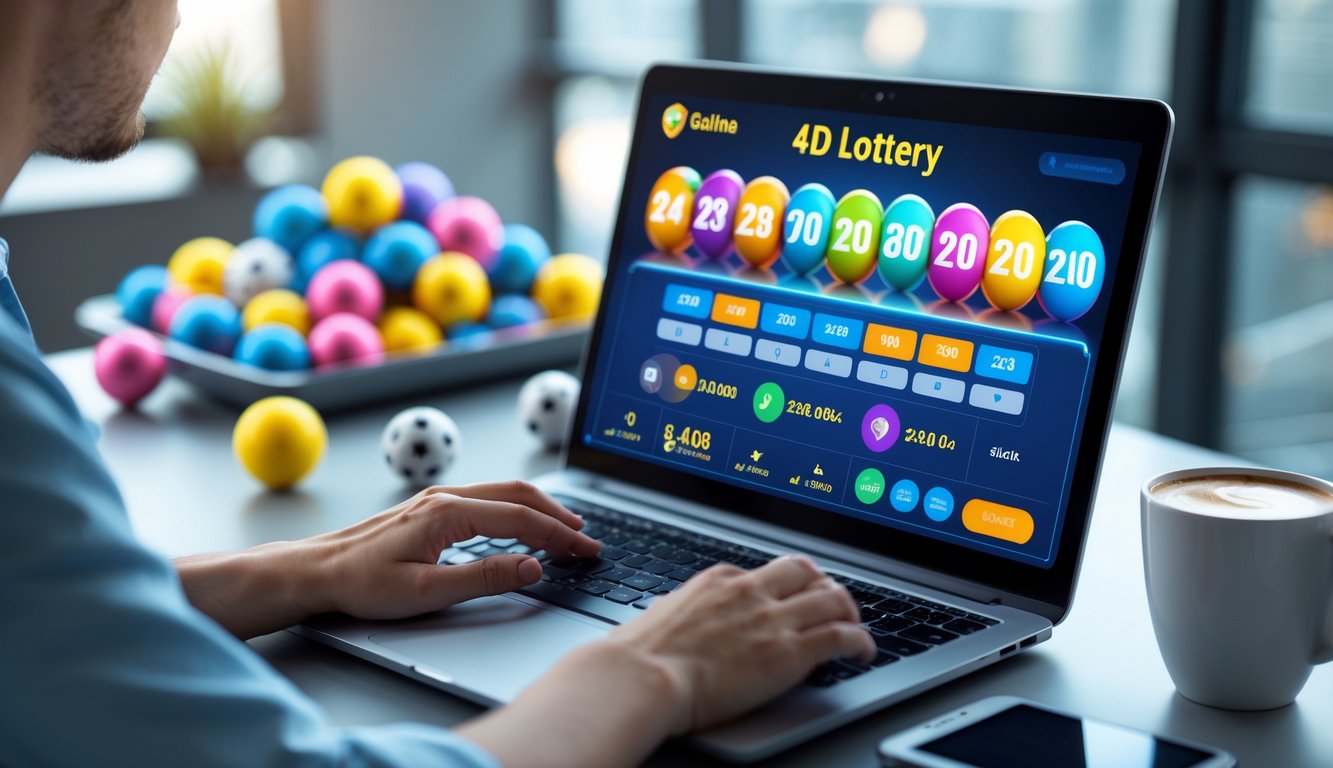 Seseorang menggunakan laptop di meja kerja dengan tampilan antarmuka lotere online dan bola lotere di latar belakang.