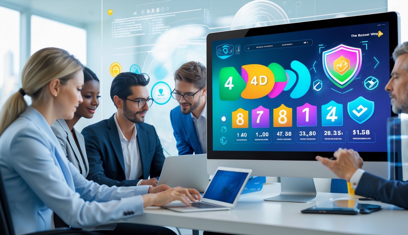 Sekelompok profesional sedang bekerja bersama di kantor modern dengan layar komputer menampilkan grafik terkait lotere online 4D dan simbol keamanan.