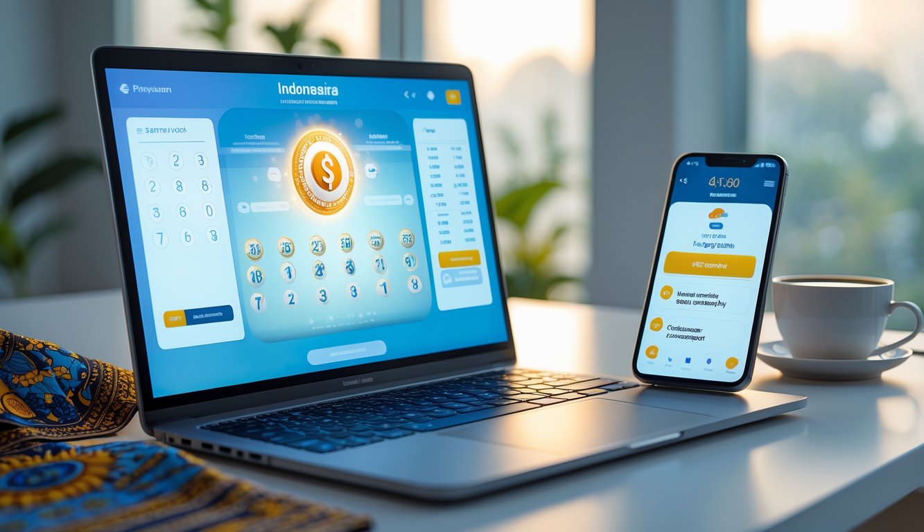 Sebuah meja kerja modern dengan laptop dan ponsel yang menampilkan antarmuka layanan togel online dan dukungan pelanggan 24 jam.