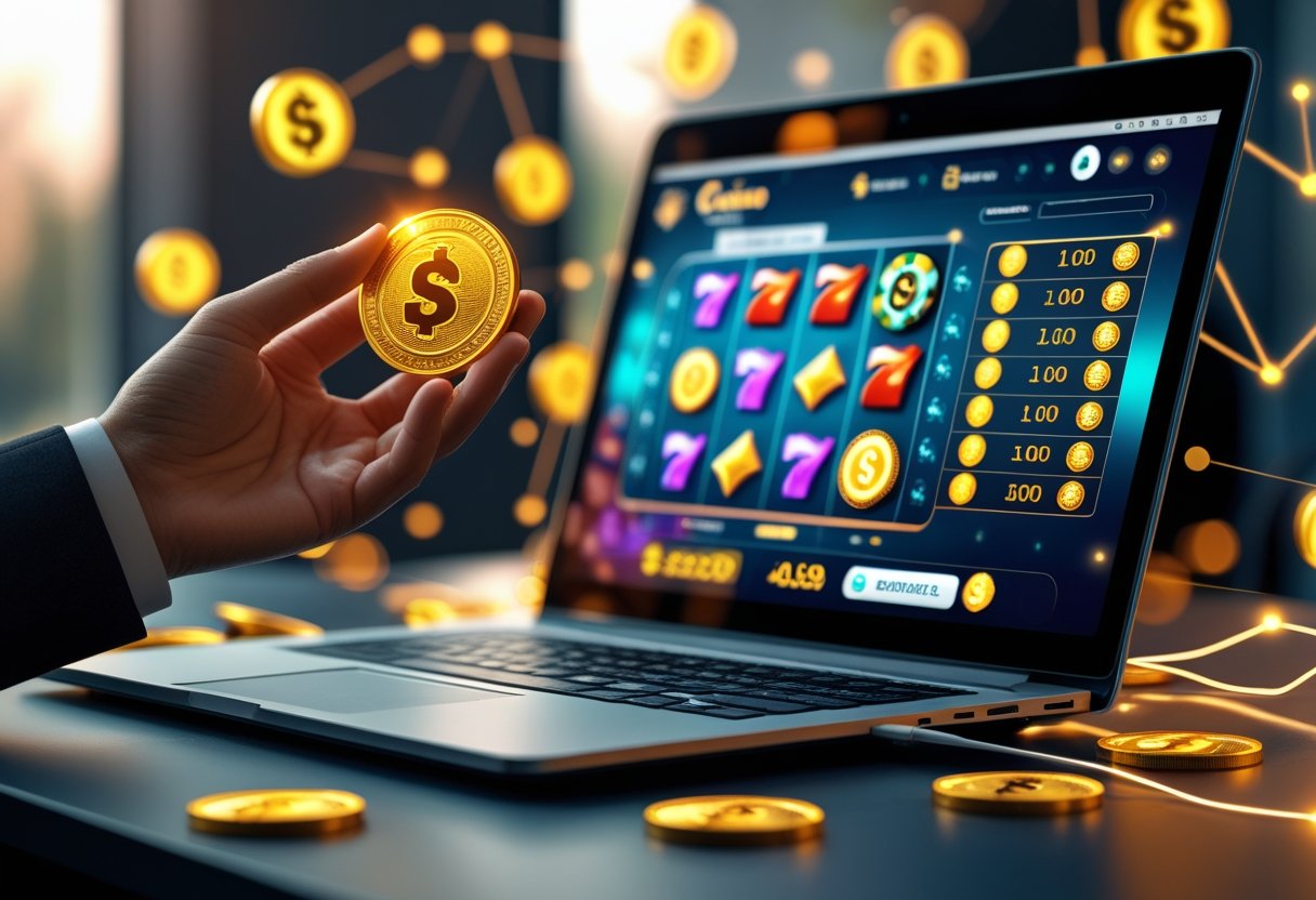 A laptop showing an online casino website with poker chips and a hand holding a glowing coin, surrounded by floating digital coins and referral icons.