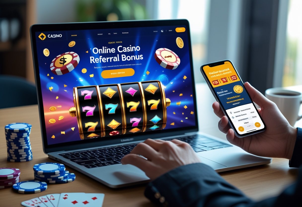 A laptop and smartphone on a desk displaying online casino game screens with poker chips and playing cards nearby.