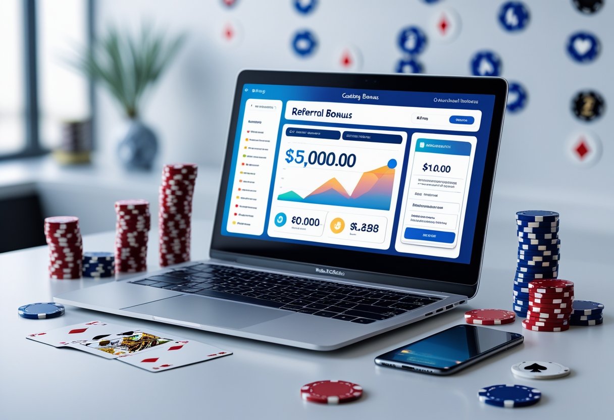 A laptop on a desk showing online casino referral bonus statistics, surrounded by poker chips, playing cards, and a smartphone with a referral notification.