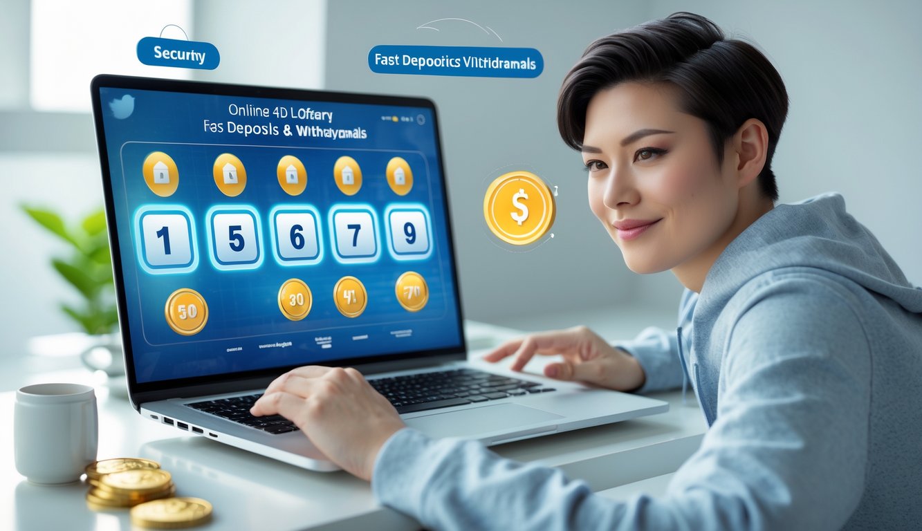 Seseorang menggunakan laptop di meja kerja dengan tampilan layar yang menunjukkan angka lotere dan ikon transaksi digital.