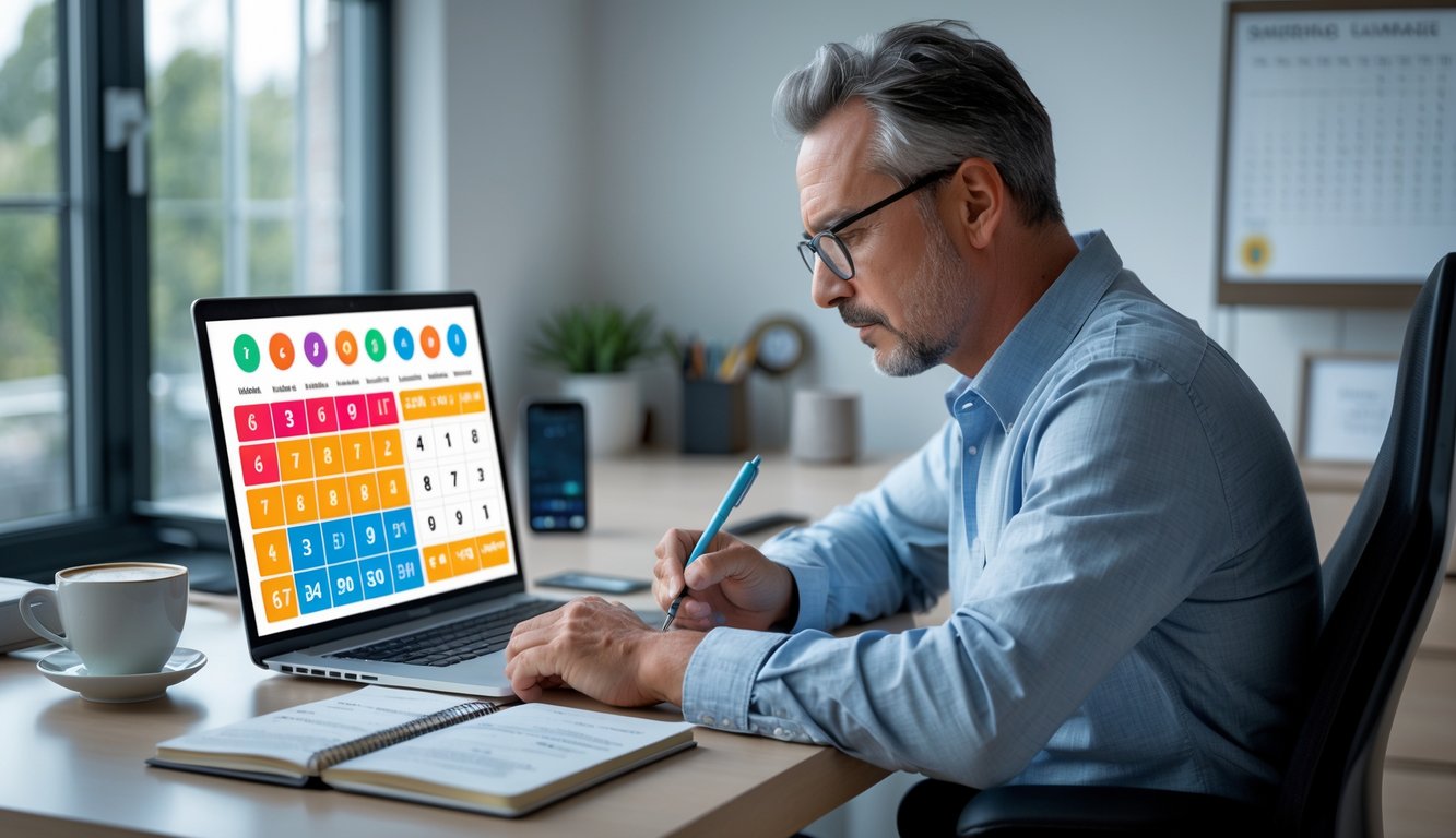 Seorang pria dewasa duduk di meja kerja dengan laptop, mencatat dan fokus pada layar komputer di ruangan rumah yang terang.