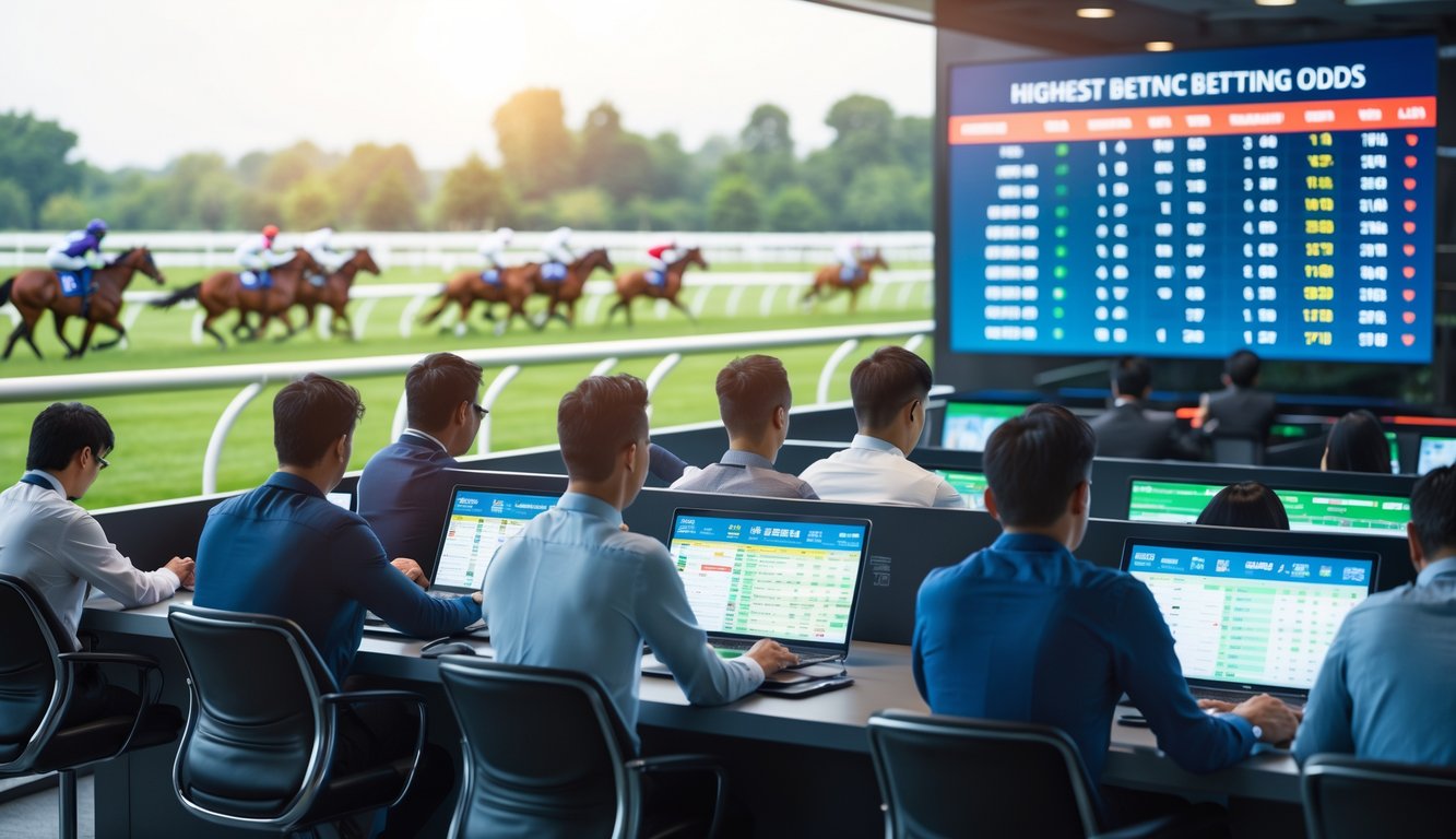 Suasana pusat taruhan pacuan kuda modern dengan orang-orang yang fokus melihat layar digital dan kuda berlari di lintasan balap.