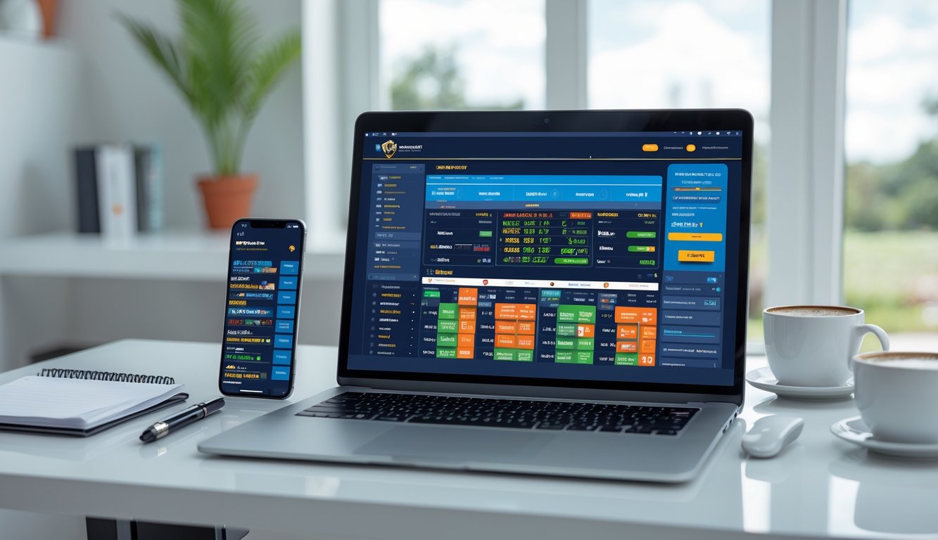 Seorang pengguna duduk di depan laptop dengan tampilan situs taruhan pacuan kuda online, dikelilingi oleh smartphone, kopi, dan alat tulis di meja kerja yang rapi.