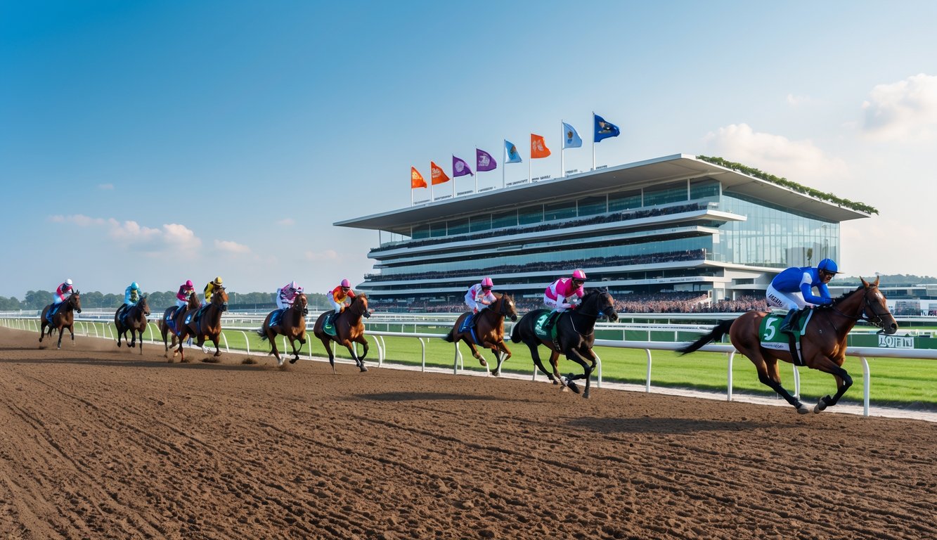 Balapan kuda di arena pacuan dengan kuda dan joki sedang berlari cepat, penonton di tribun, dan bendera resmi berkibar.