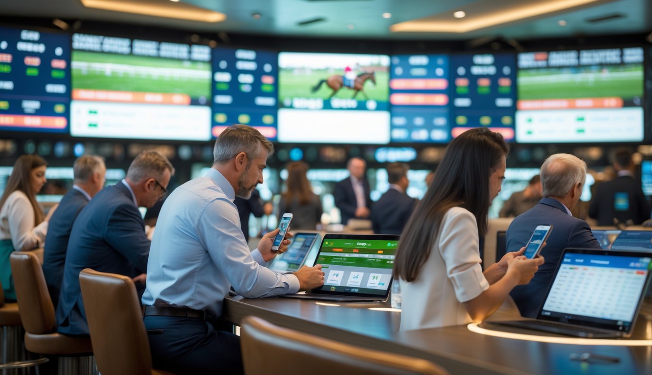 Orang-orang sedang memasang taruhan pacuan kuda secara langsung di tempat taruhan modern yang ramai dengan layar digital besar menampilkan balapan kuda.