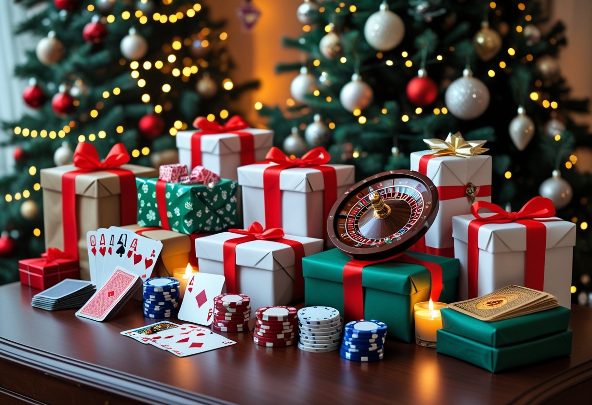 Seven Christmas gifts themed for gamblers arranged on a wooden table with poker chips, playing cards, dice, and festive decorations including a Christmas tree with lights in the background.