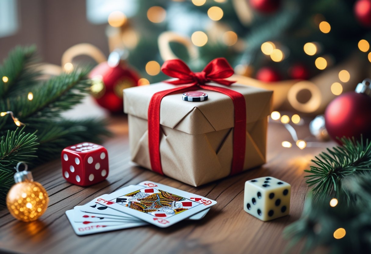 Christmas gifts for gamblers including poker chips, playing cards, and dice arranged on a table with holiday decorations and warm lights.