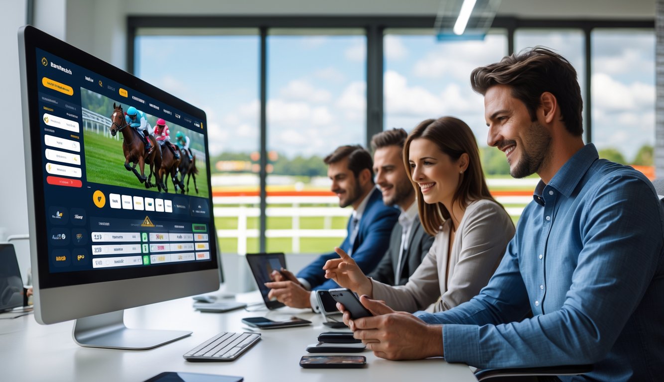Orang-orang muda menggunakan perangkat digital untuk memasang taruhan pacuan kuda online dengan latar belakang pacuan kuda yang sedang berlangsung.