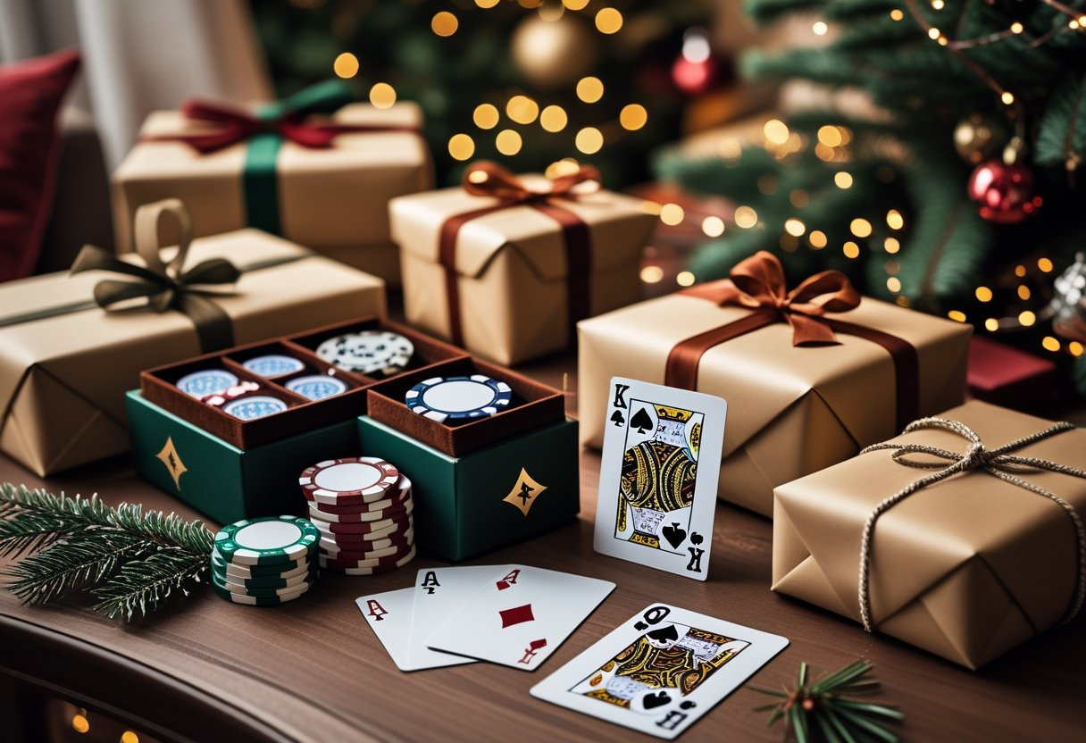 A table with wrapped Christmas gifts featuring poker chips, playing cards, and casino-themed items surrounded by festive holiday decorations.