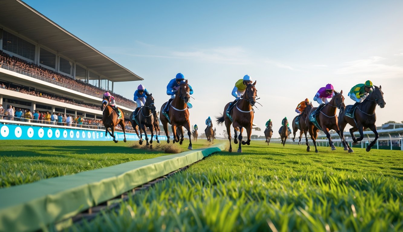 Balapan kuda di arena pacuan dengan joki mengenakan seragam warna-warni dan penonton menyaksikan dari tribun.