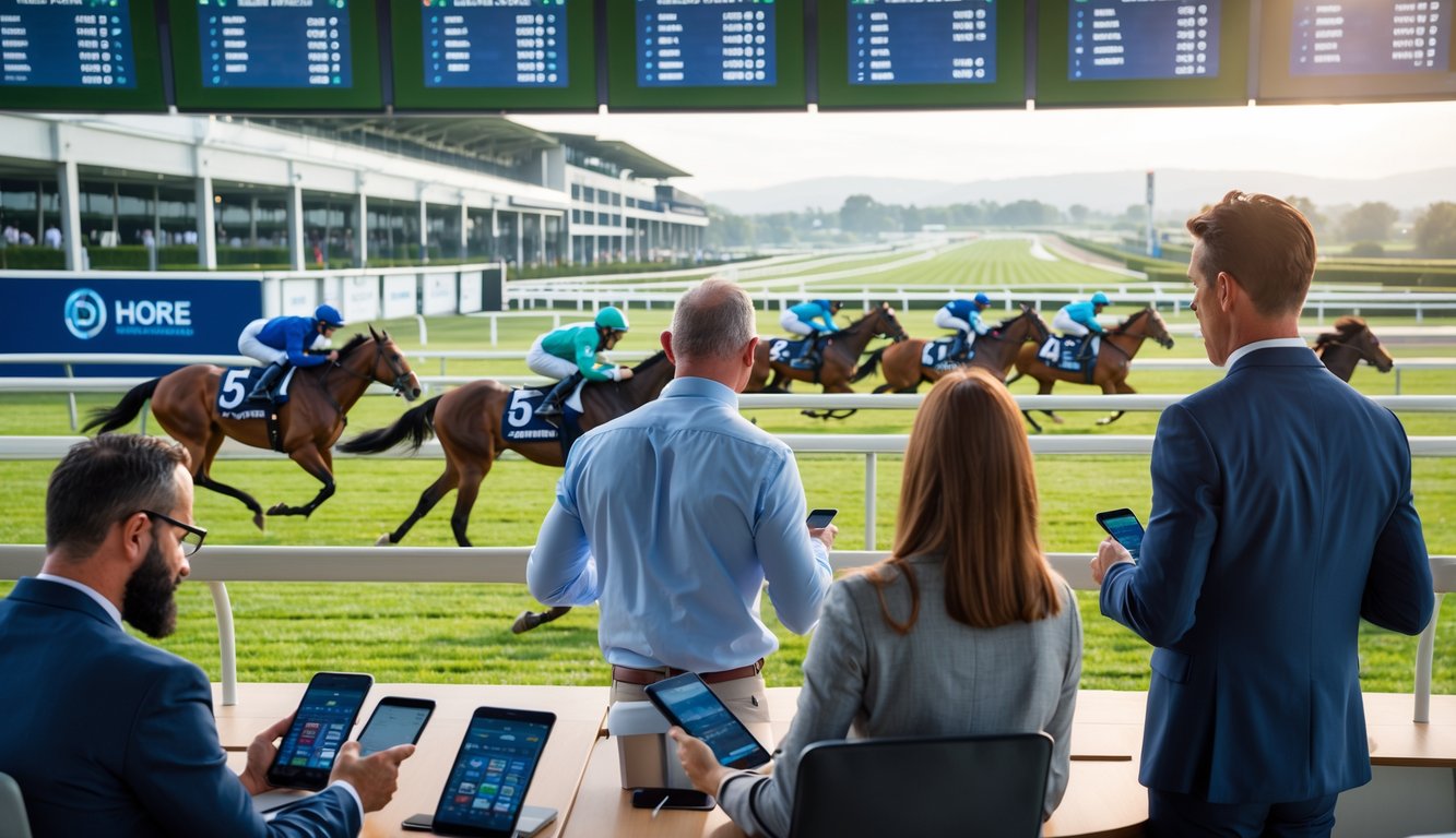 Orang-orang sedang memasang taruhan di pacuan kuda dengan kuda berlari cepat di lintasan dan layar elektronik menampilkan informasi taruhan.
