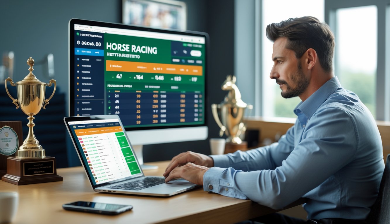Seorang pria muda sedang menggunakan komputer dan ponsel untuk memasang taruhan pacuan kuda online di sebuah meja kerja modern.