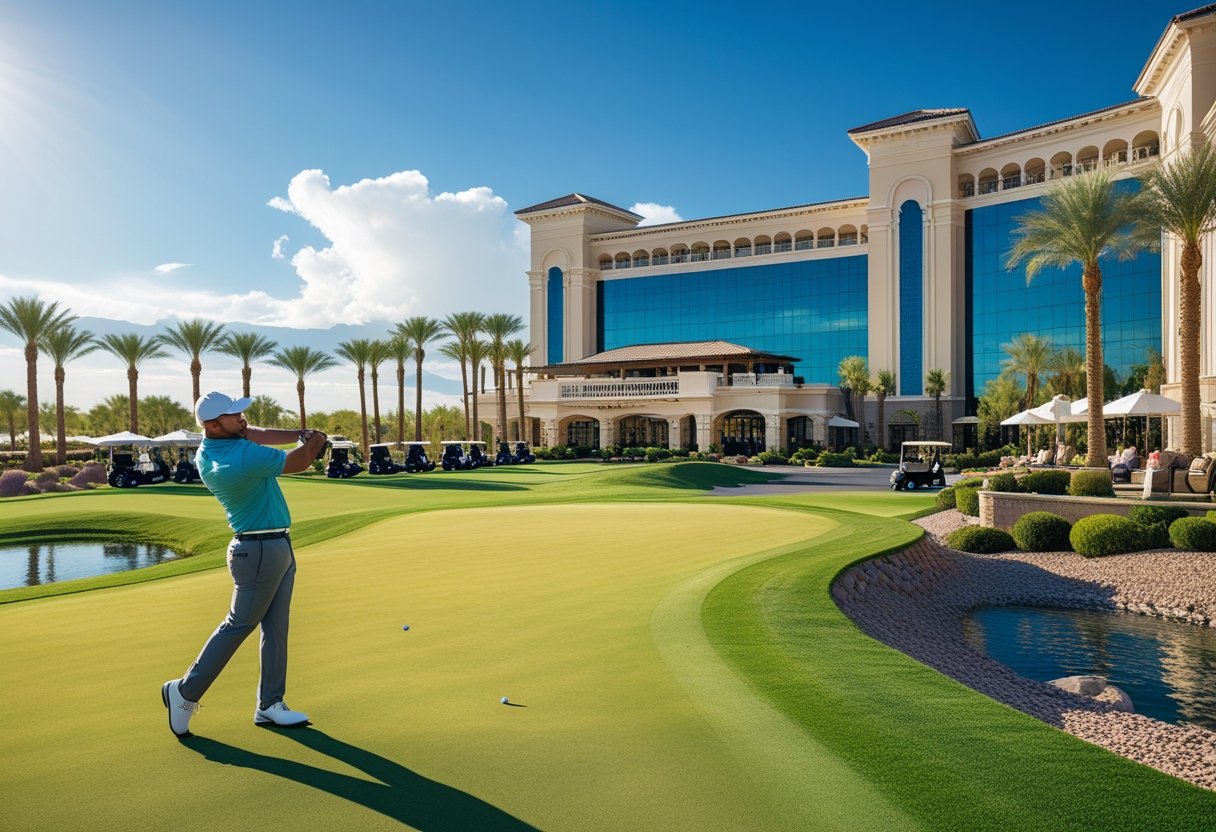 A sunny golf course with a golfer swinging and a casino building surrounded by palm trees in the background.
