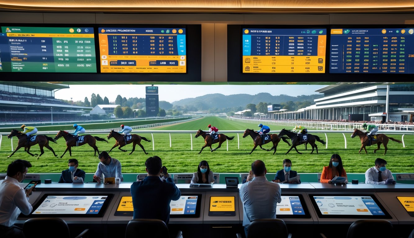 Suasana pusat taruhan pacuan kuda internasional dengan orang-orang memasang taruhan dan kuda berlomba di trek.