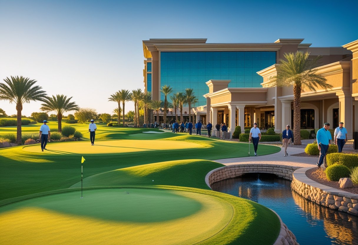 A golf course with green fairways and a modern casino building in the background, with people enjoying the resort surroundings during daytime.