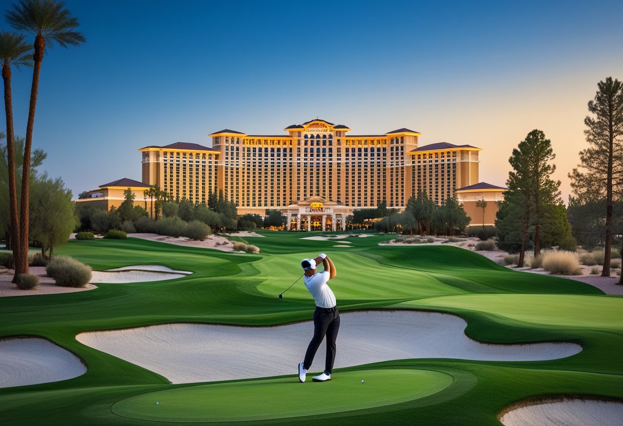 A golfer swinging on a green golf course with a large casino building in the background surrounded by trees and water features.