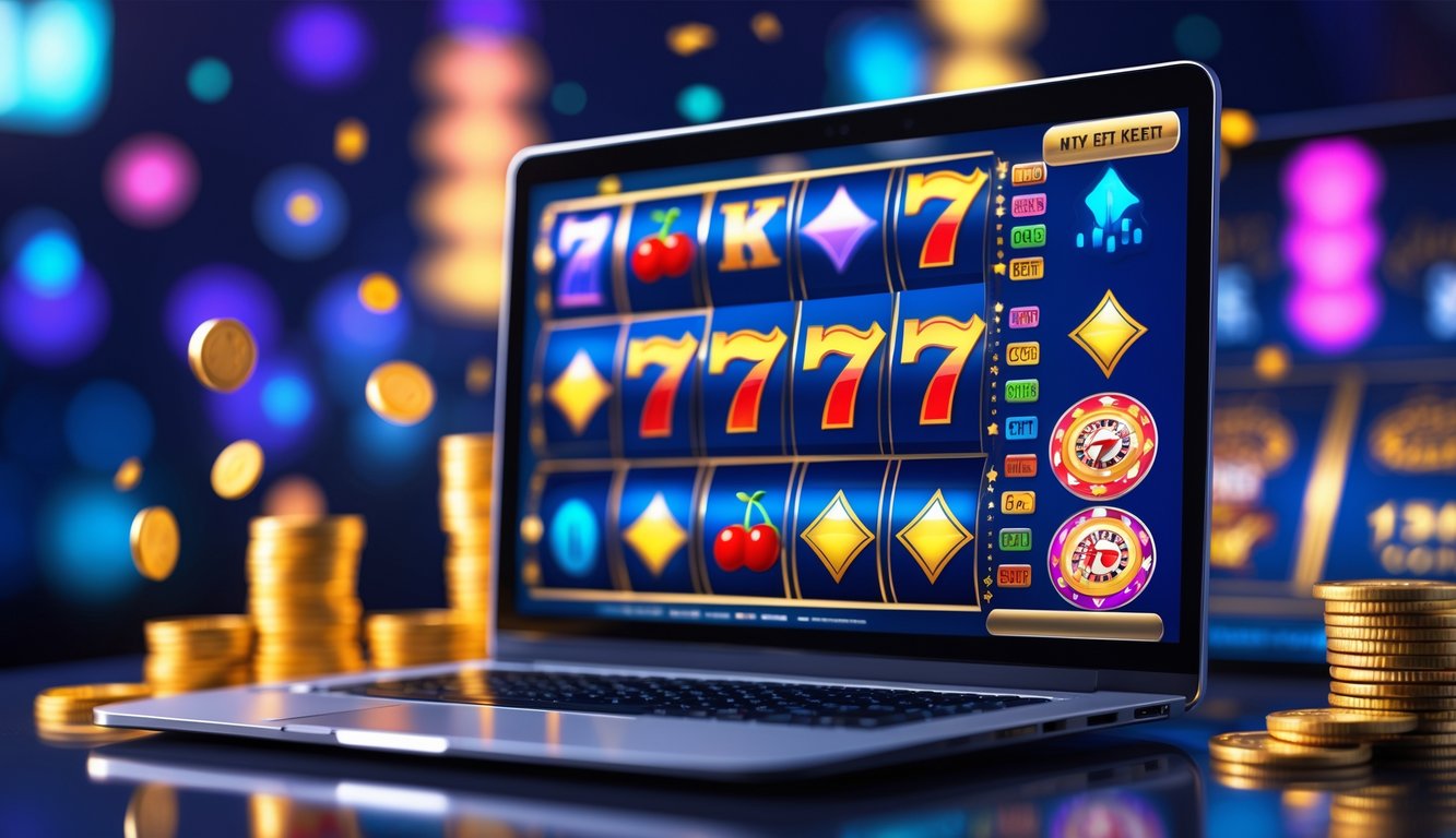 Sebuah layar komputer menampilkan permainan mesin slot klasik dengan simbol warna-warni, dikelilingi oleh koin dan chip di meja yang bersih dan terang.