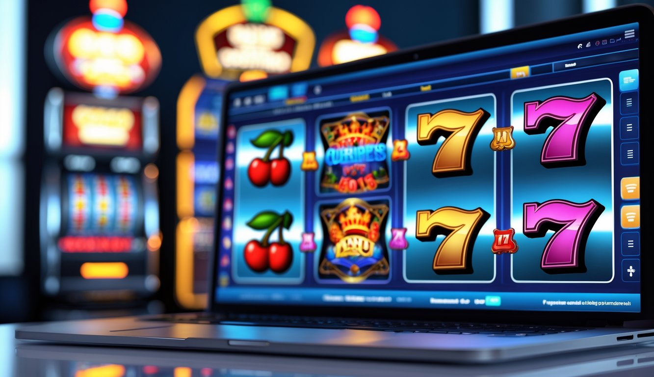 Tampilan layar perangkat dengan permainan slot klasik yang berwarna-warni dan simbol tradisional seperti ceri, lonceng, dan angka tujuh.