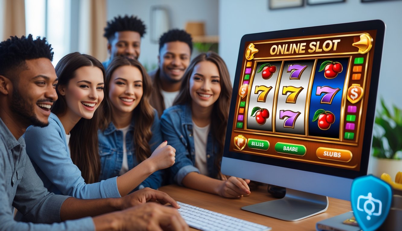 Sekelompok orang muda sedang bermain permainan slot online di komputer dengan ekspresi senang di ruang tamu yang nyaman.