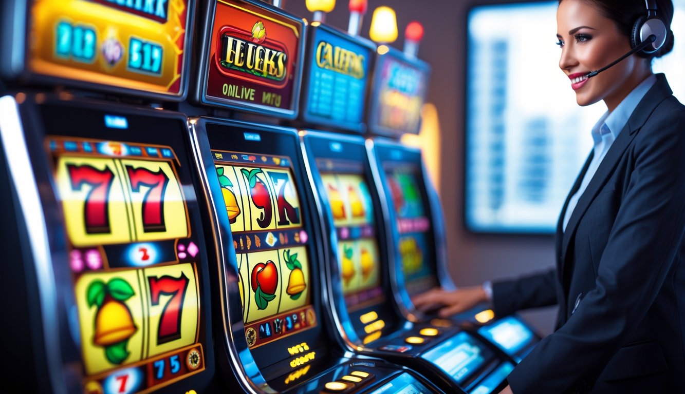 Seorang perwakilan layanan pelanggan dengan headset di depan layar mesin slot digital yang menampilkan simbol klasik seperti ceri dan angka tujuh.