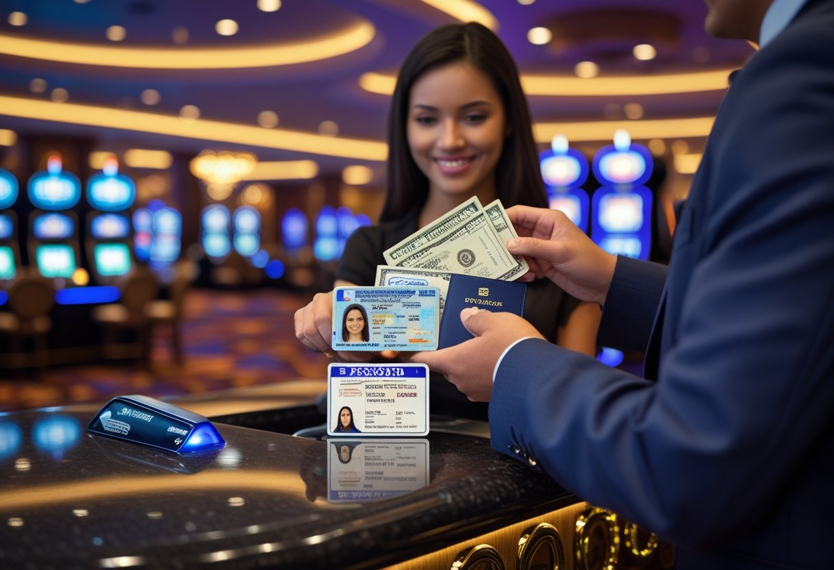 A casino staff member checking a guest's identification cards at the entrance counter inside a casino.