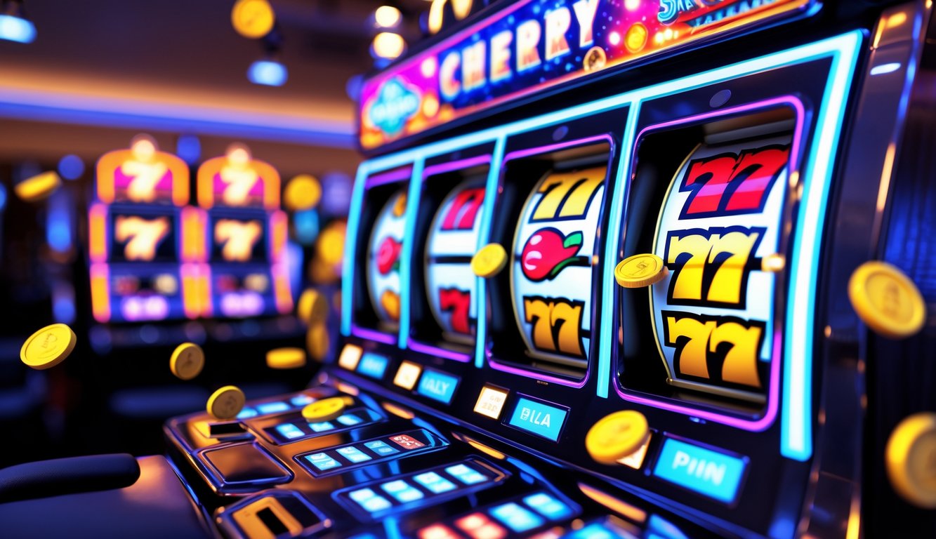 Tampilan mesin slot klasik online dengan simbol buah dan angka, menampilkan suasana kemenangan dan keceriaan.