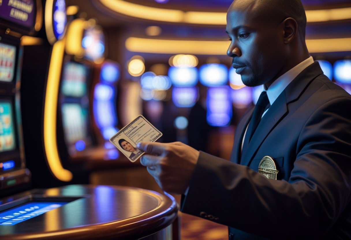 A security officer checking a guest's identification card at a casino entrance.