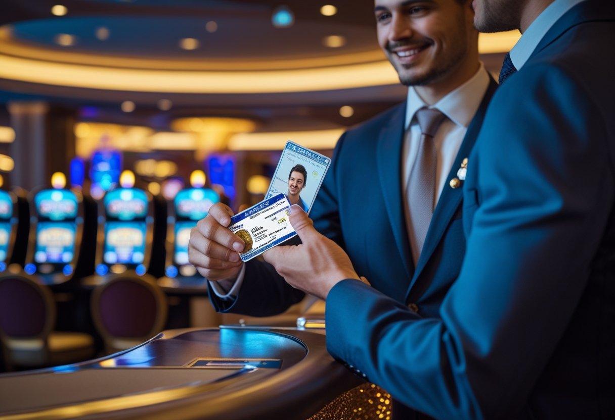 A person presents an identification card to a casino staff member at the casino entrance.