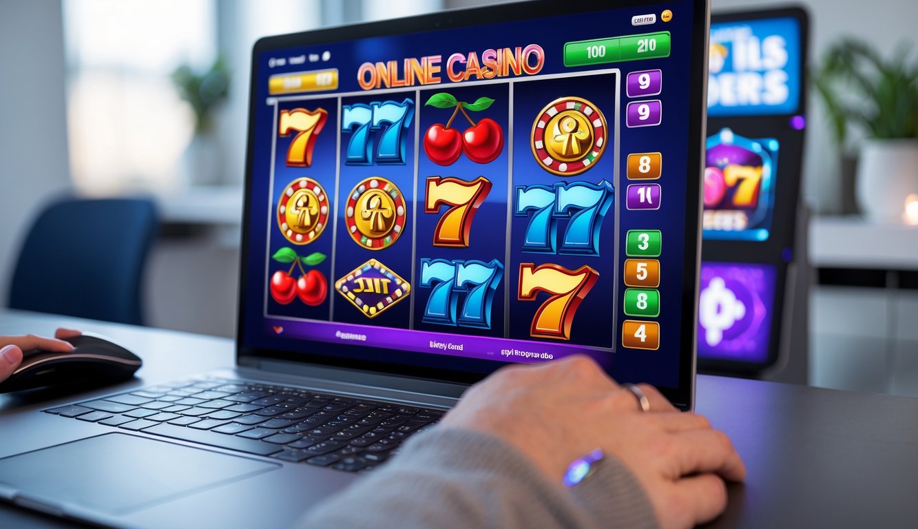 Tampilan komputer dengan permainan mesin slot klasik online di layar, di lingkungan kerja yang rapi dan terang.