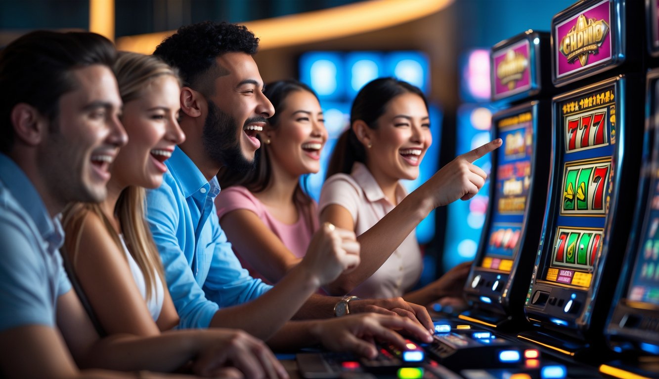 Beberapa orang bermain mesin slot online klasik di ruangan yang nyaman dan modern.