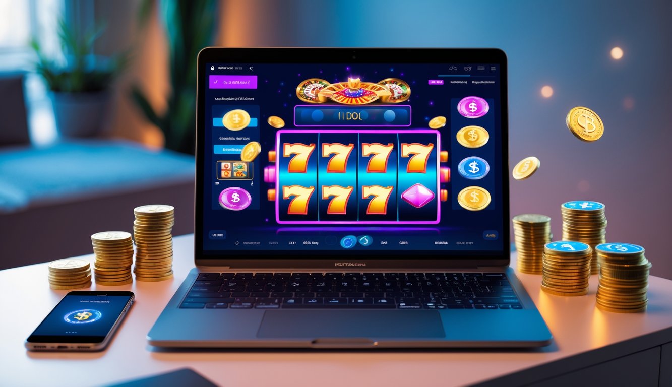 Sebuah meja kerja modern dengan komputer menampilkan permainan mesin slot online dan perangkat lain yang menunjukkan transaksi cepat dan mudah.