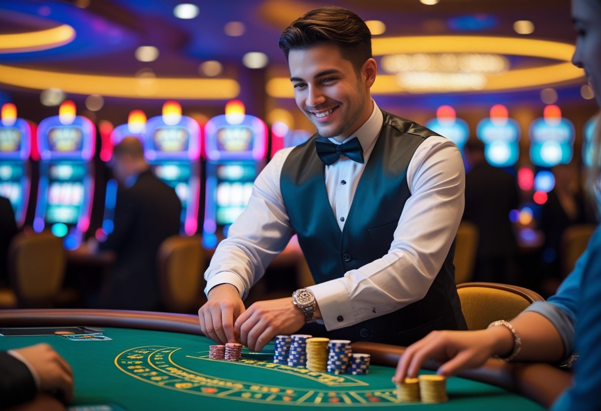 A casino dealer in uniform standing behind a gaming table, dealing cards with casino lights and slot machines in the background.